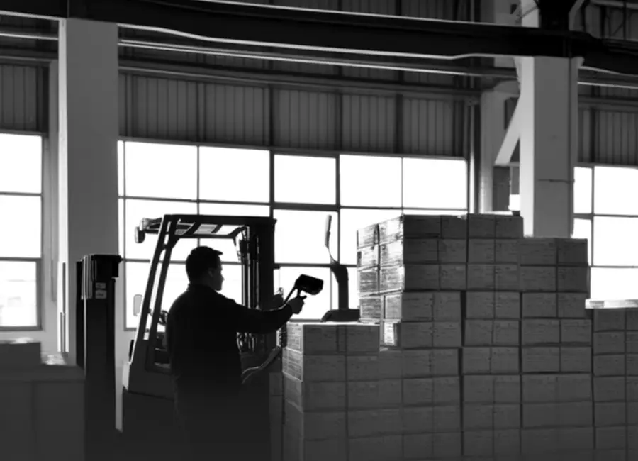 Operario escaneando cajas apiladas en una bodega de distribución