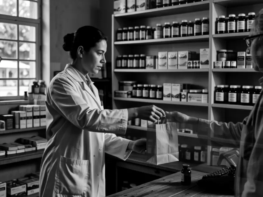 Farmacéutica entregando un pedido sobre el mostrador de una farmacia de barrio