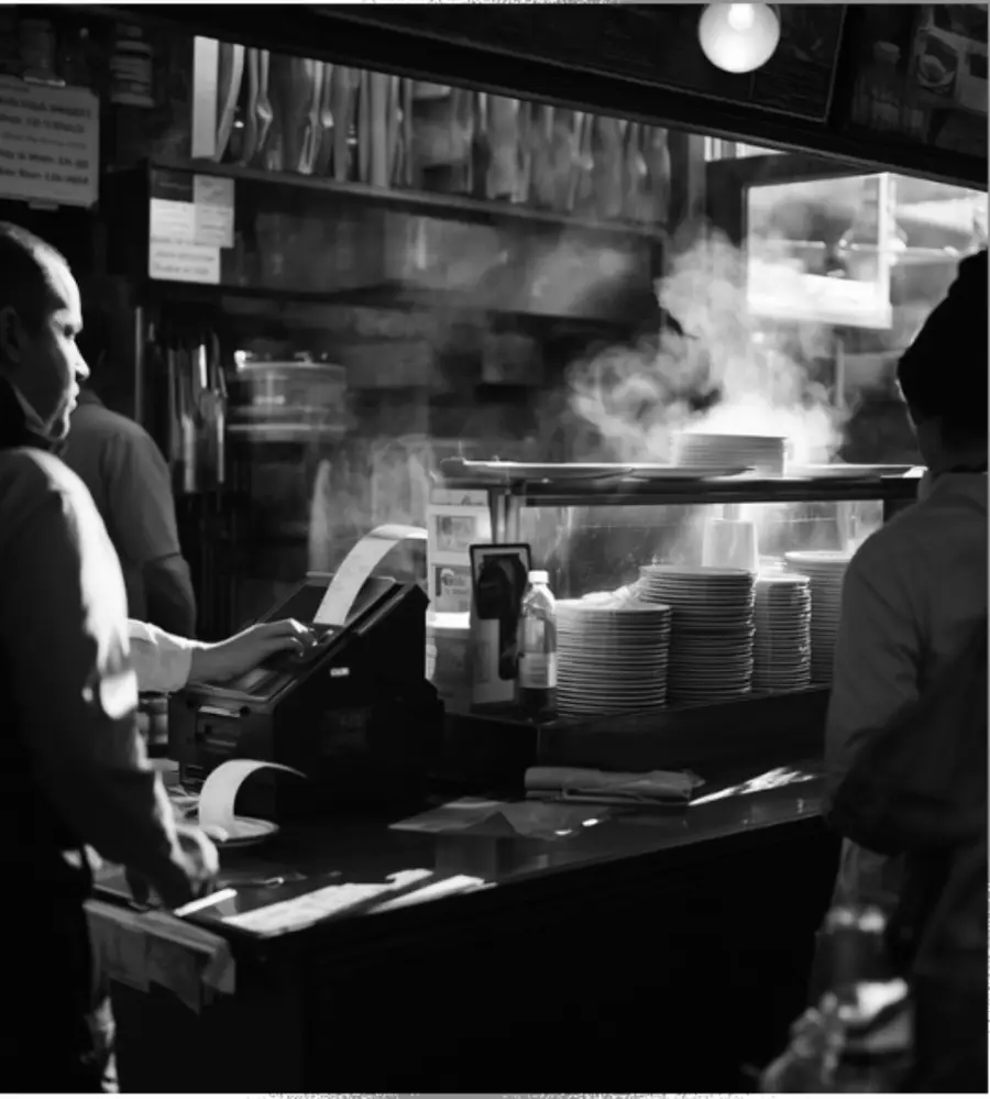 Cajero de un restaurante cobrando junto a la impresora térmica, con la cocina al fondo
